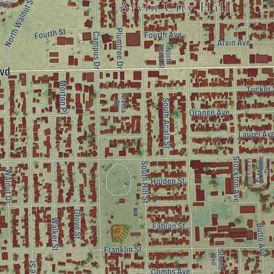 Close-up of the map of Arvin, California print showing street and building detail