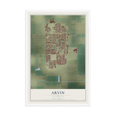 Map of Arvin, California, 12 x 18 inch print in a white wood frame