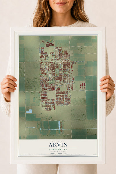 Map of Arvin, California, 18 x 24 inch print in a white wood frame