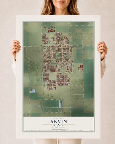 Map of Arvin, California, 24 x 36 inch print in a white wood frame