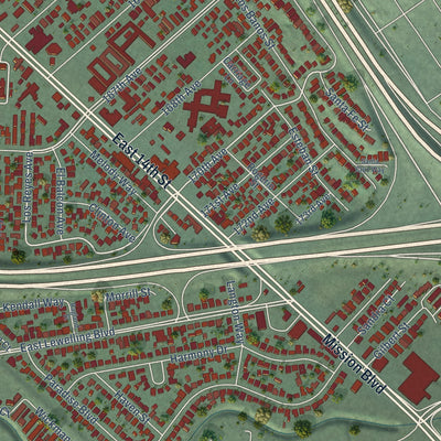 Close-up of the map of Ashland, California print showing street and building detail