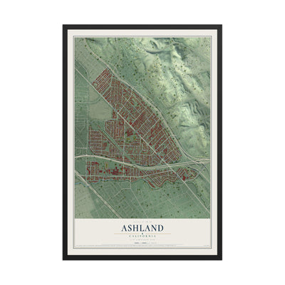 Map of Ashland, California, 12 x 18 inch print in a black wood frame
