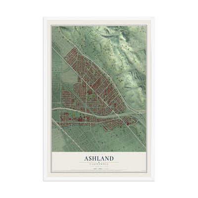 Map of Ashland, California, 12 x 18 inch print in a white wood frame