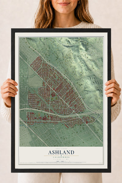 Map of Ashland, California, 18 x 24 inch print in a black wood frame