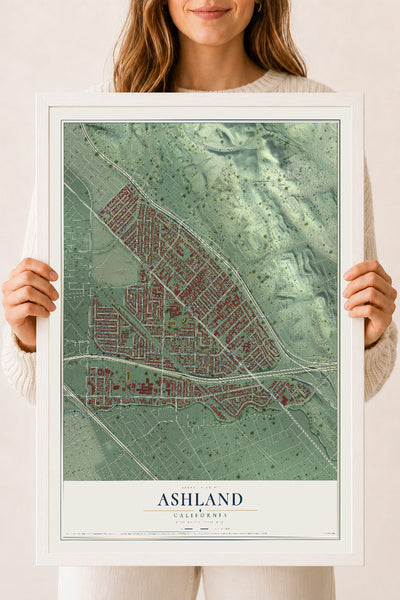 Map of Ashland, California, 18 x 24 inch print in a white wood frame