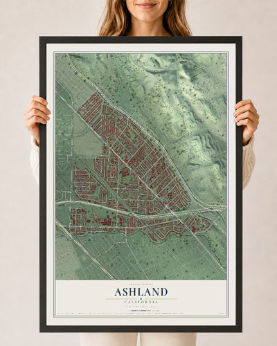 Map of Ashland, California, 24 x 36 inch print in a black wood frame