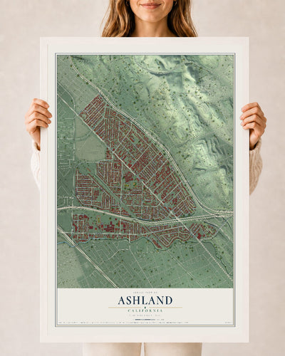 Map of Ashland, California, 24 x 36 inch print in a white wood frame