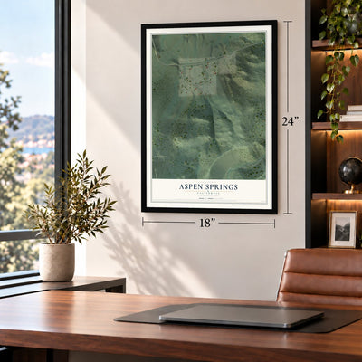Aspen Springs, California map, 18 x 24 inch print in a black frame in a home office