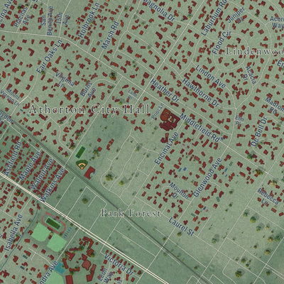 Second close-up of the map of Atherton, California print showing more streets and buildings