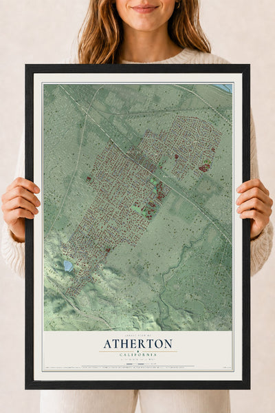 Map of Atherton, California, 18 x 24 inch print in a black wood frame