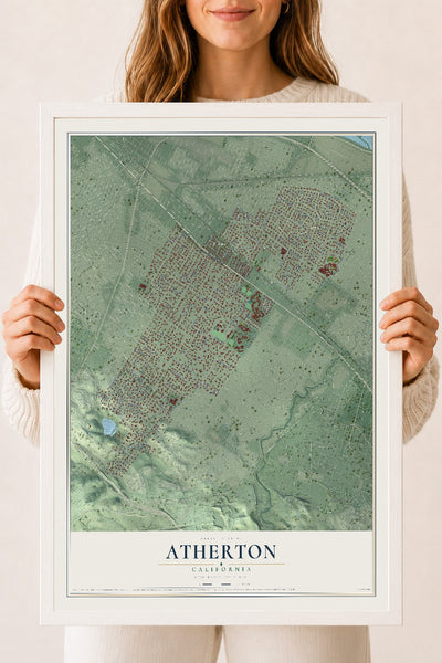 Map of Atherton, California, 18 x 24 inch print in a white wood frame