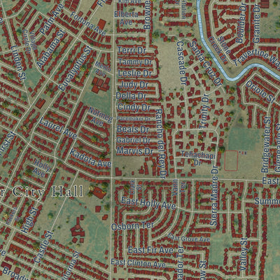 Close-up of the map of Atwater, California print showing street and building detail