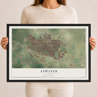 Map of Atwater, California, 12 x 18 inch print in a black wood frame