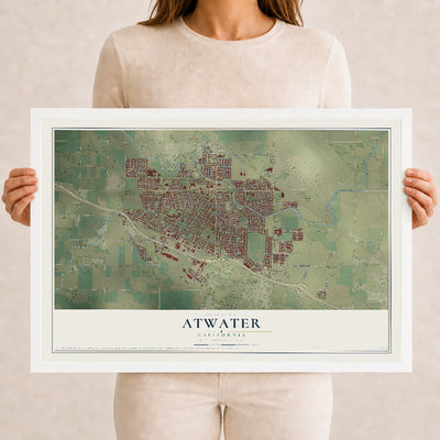 Map of Atwater, California, 12 x 18 inch print in a white wood frame
