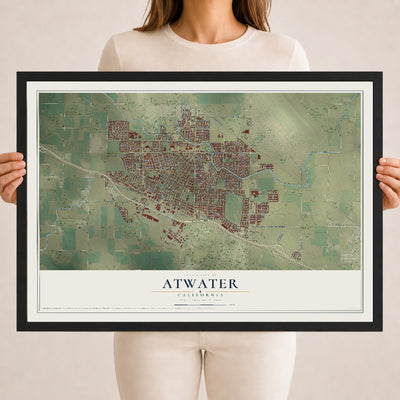 Map of Atwater, California, 18 x 24 inch print in a black wood frame