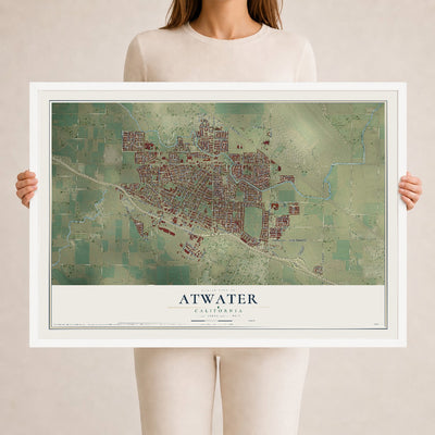 Map of Atwater, California, 24 x 36 inch print in a white wood frame