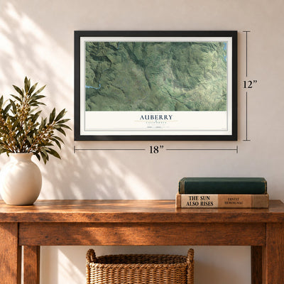 Auberry, California map, 12 x 18 inch print in a black frame in an entryway