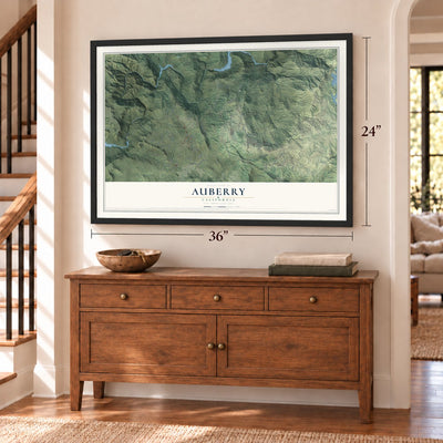 Auberry, California map, 24 x 36 inch print in a black frame above a dresser by a staircase