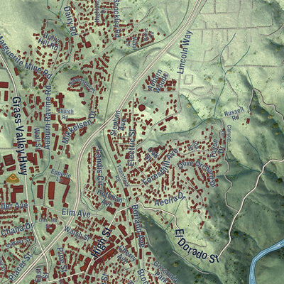 Close-up of the map of Auburn, California print showing street and building detail