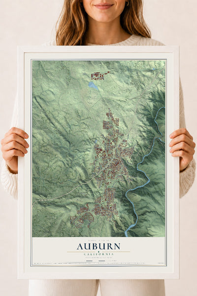 Map of Auburn, California, 18 x 24 inch print in a white wood frame
