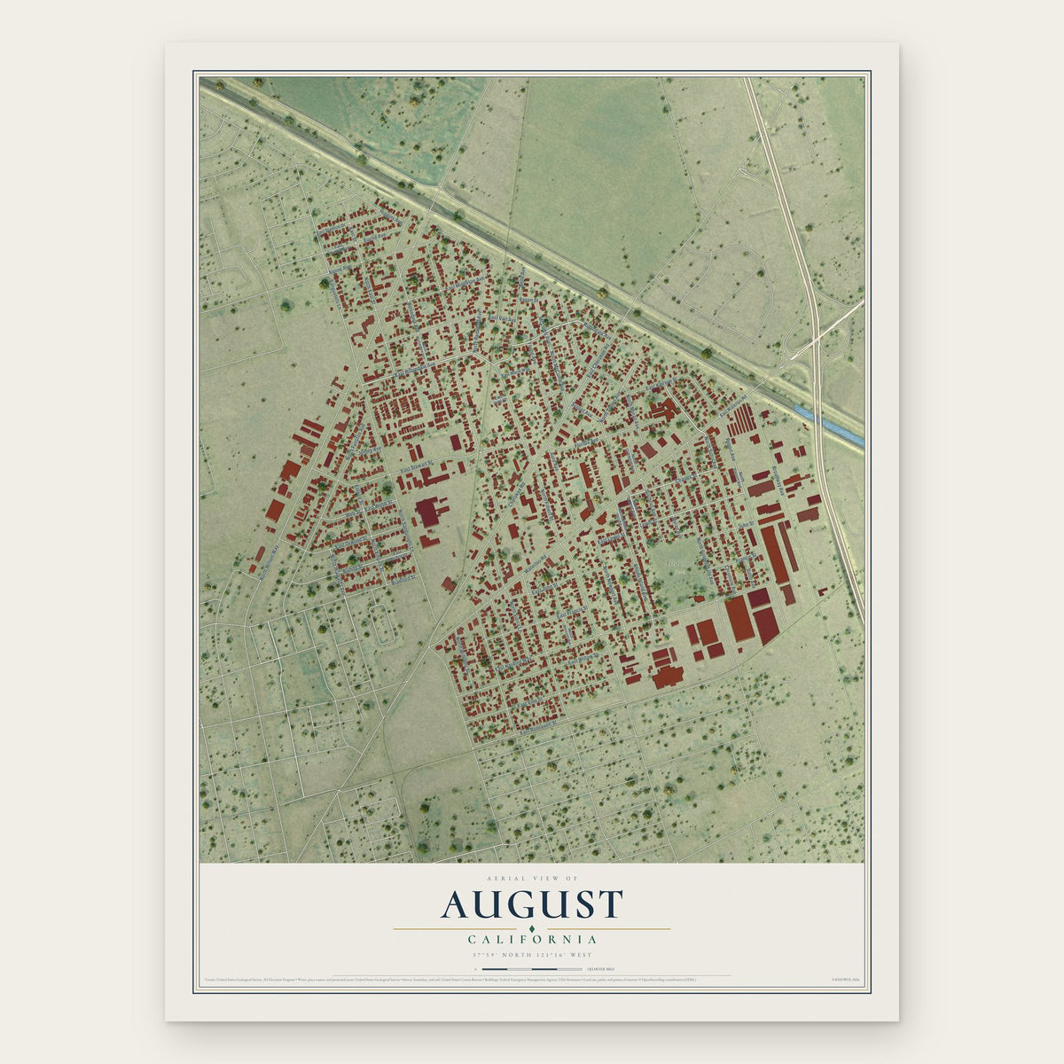 August, California map print, the full design