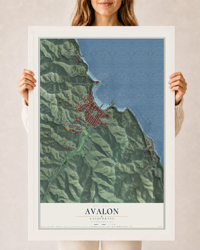 Map of Avalon, California, 24 x 36 inch print in a white wood frame