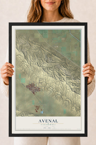 Map of Avenal, California, 18 x 24 inch print in a black wood frame