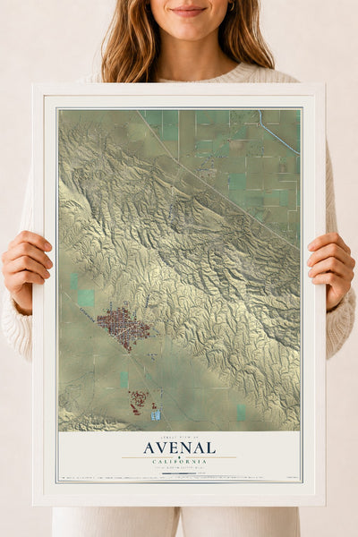 Map of Avenal, California, 18 x 24 inch print in a white wood frame