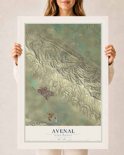 Map of Avenal, California, 24 x 36 inch print in a white wood frame