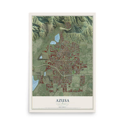 Map of Azusa, California, 12 x 18 inch unframed archival matte print