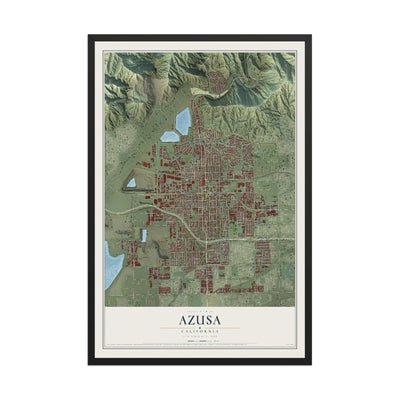 Map of Azusa, California, 12 x 18 inch print in a black wood frame