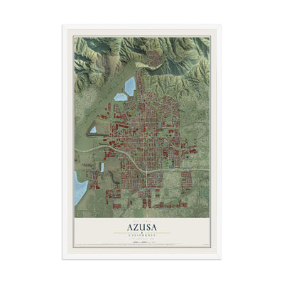 Map of Azusa, California, 12 x 18 inch print in a white wood frame