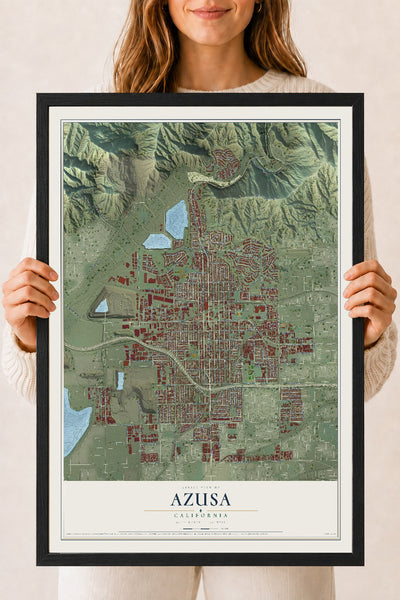 Map of Azusa, California, 18 x 24 inch print in a black wood frame