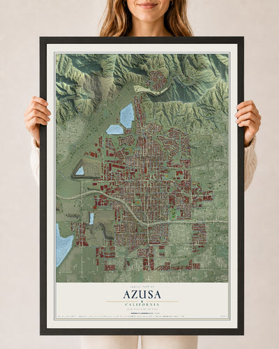 Map of Azusa, California, 24 x 36 inch print in a black wood frame