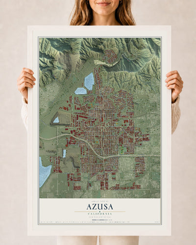 Map of Azusa, California, 24 x 36 inch print in a white wood frame