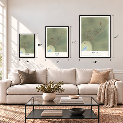 Baker, California map in 12 x 18, 18 x 24 and 24 x 36 inch sizes above a sofa