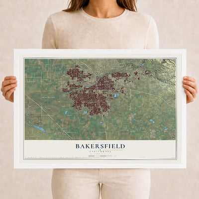 Map of Bakersfield, California, 12 x 18 inch print in a white wood frame