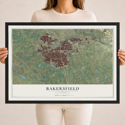 Map of Bakersfield, California, 18 x 24 inch print in a black wood frame