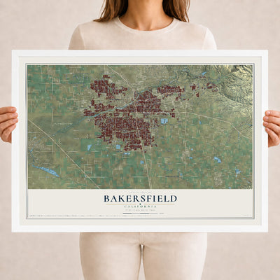 Map of Bakersfield, California, 18 x 24 inch print in a white wood frame