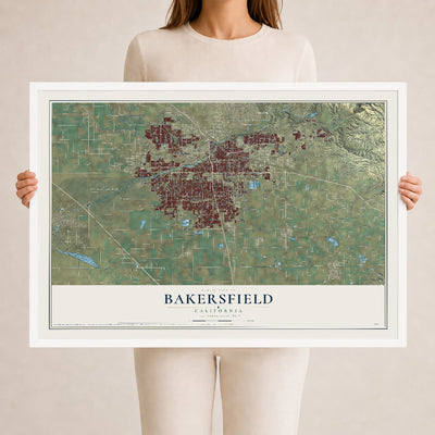 Map of Bakersfield, California, 24 x 36 inch print in a white wood frame
