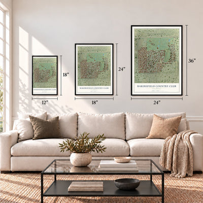 Bakersfield Country Club, California map in 12 x 18, 18 x 24 and 24 x 36 inch sizes above a sofa