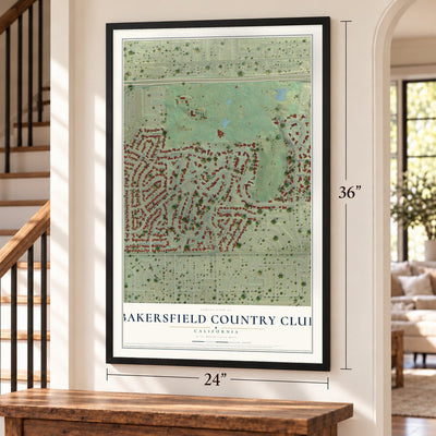 Bakersfield Country Club, California map, 24 x 36 inch print in a black frame by a staircase