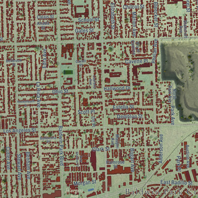 Close-up of the map of Baldwin Park, California print showing street and building detail