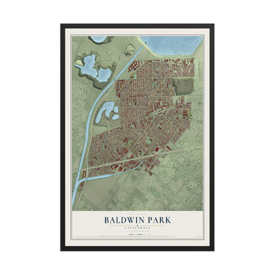 Map of Baldwin Park, California, 12 x 18 inch print in a black wood frame