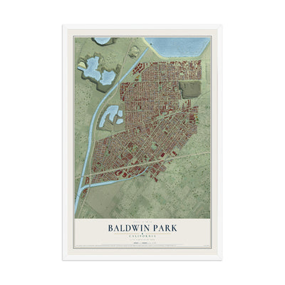 Map of Baldwin Park, California, 12 x 18 inch print in a white wood frame