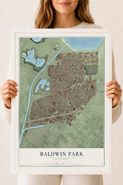Map of Baldwin Park, California, 18 x 24 inch print in a white wood frame