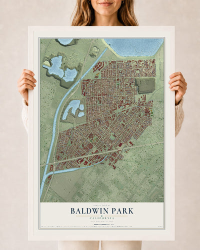Map of Baldwin Park, California, 24 x 36 inch print in a white wood frame
