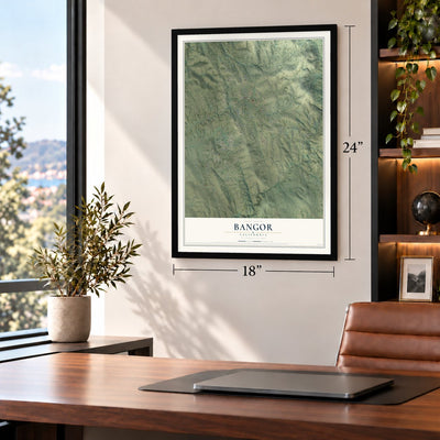 Bangor, California map, 18 x 24 inch print in a black frame in a home office
