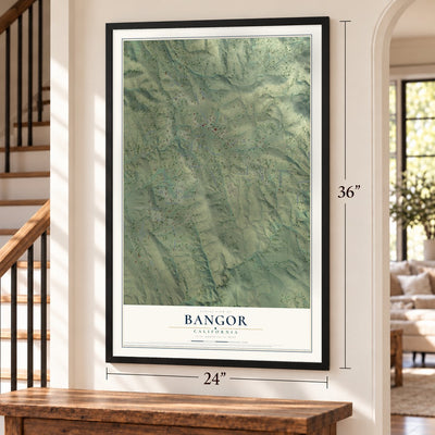Bangor, California map, 24 x 36 inch print in a black frame by a staircase