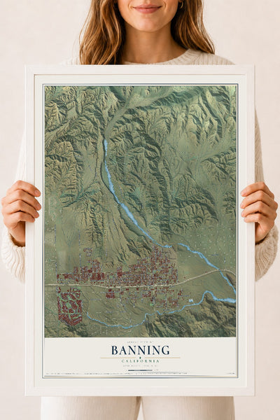 Map of Banning, California, 18 x 24 inch print in a white wood frame